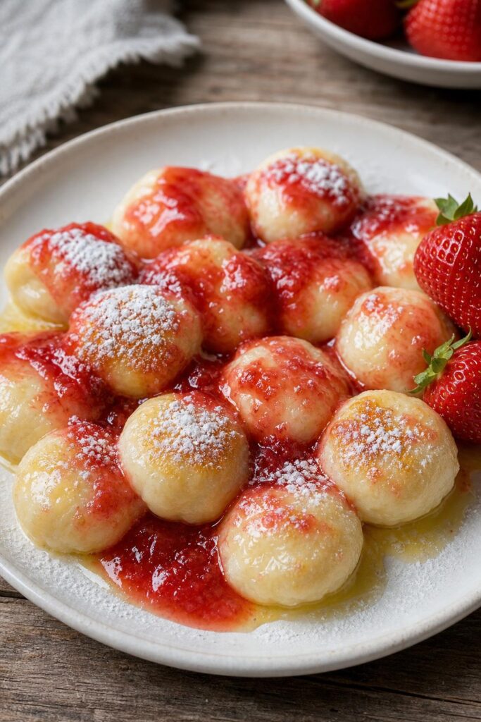 Quark dumplings with strawberry sauce without rising