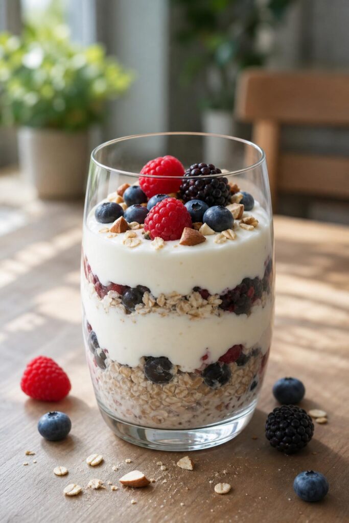 Quark parfait with oats and mixed berries after training