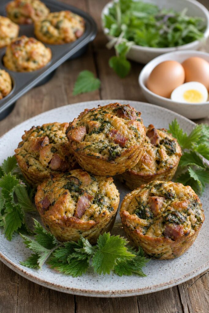 Easter stuffing muffins with nettles and smoked meat