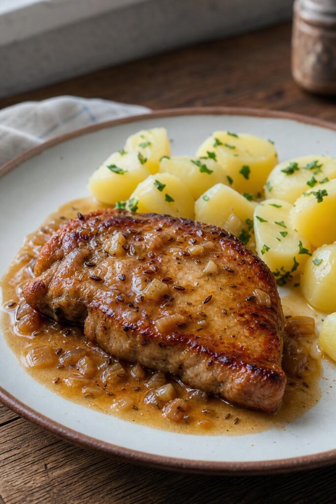 Pork chops with garlic and caraway from one pan