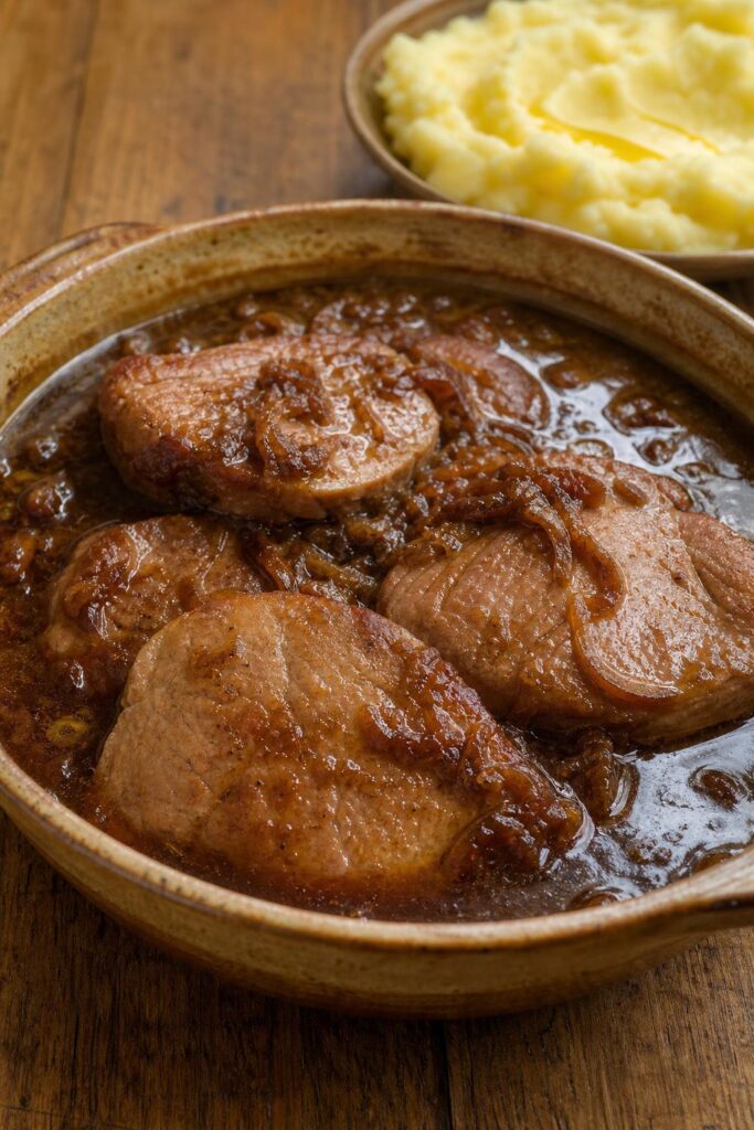 Pork slices with onions and dark beer from one roasting pan