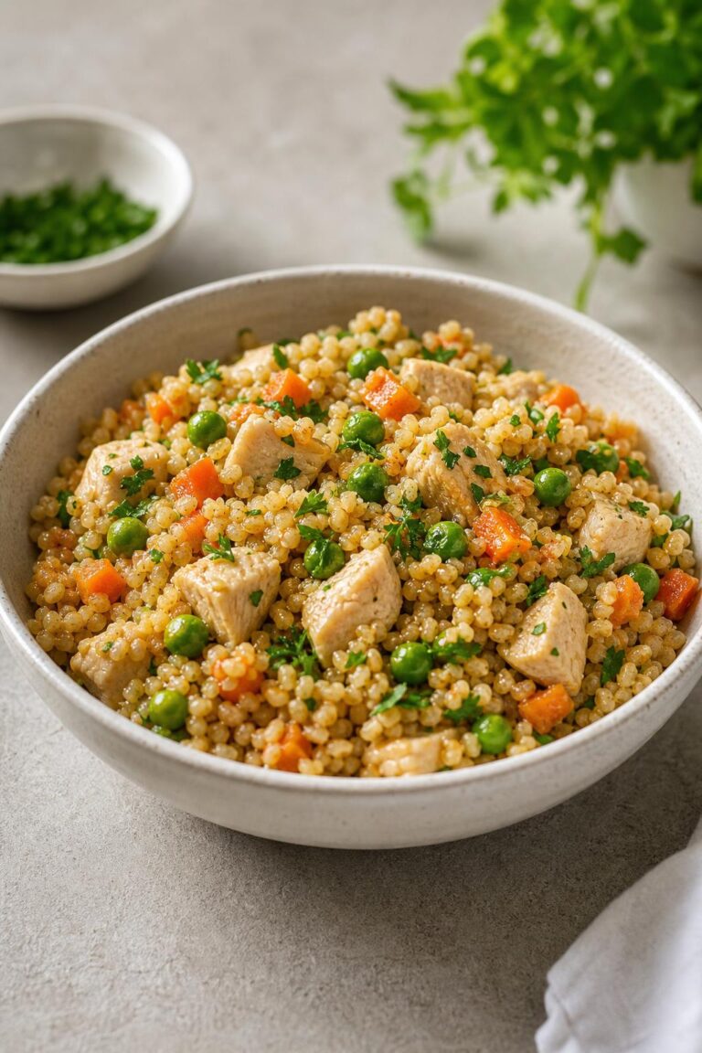 Bulgur s kuřecím masem, hráškem a mrkví z jednoho hrnce