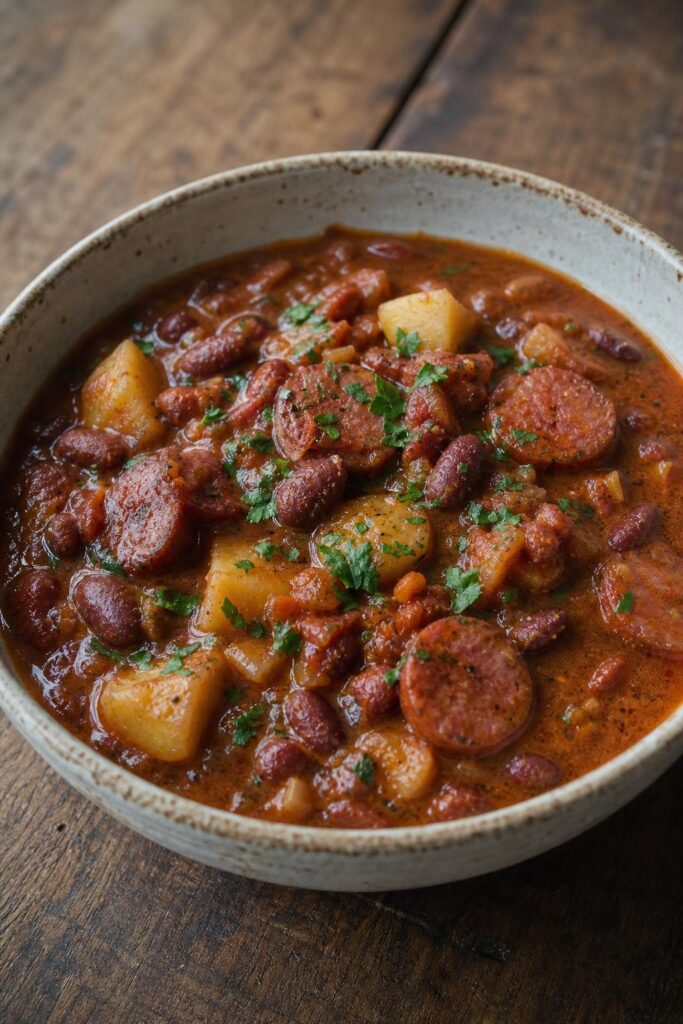 Bean goulash with sausage and potatoes