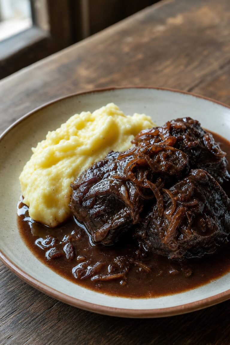 Beef cheeks in dark beer with onions and mashed potatoes