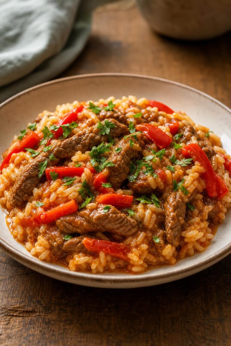 Beef strips in paprika sauce with rice from one pot