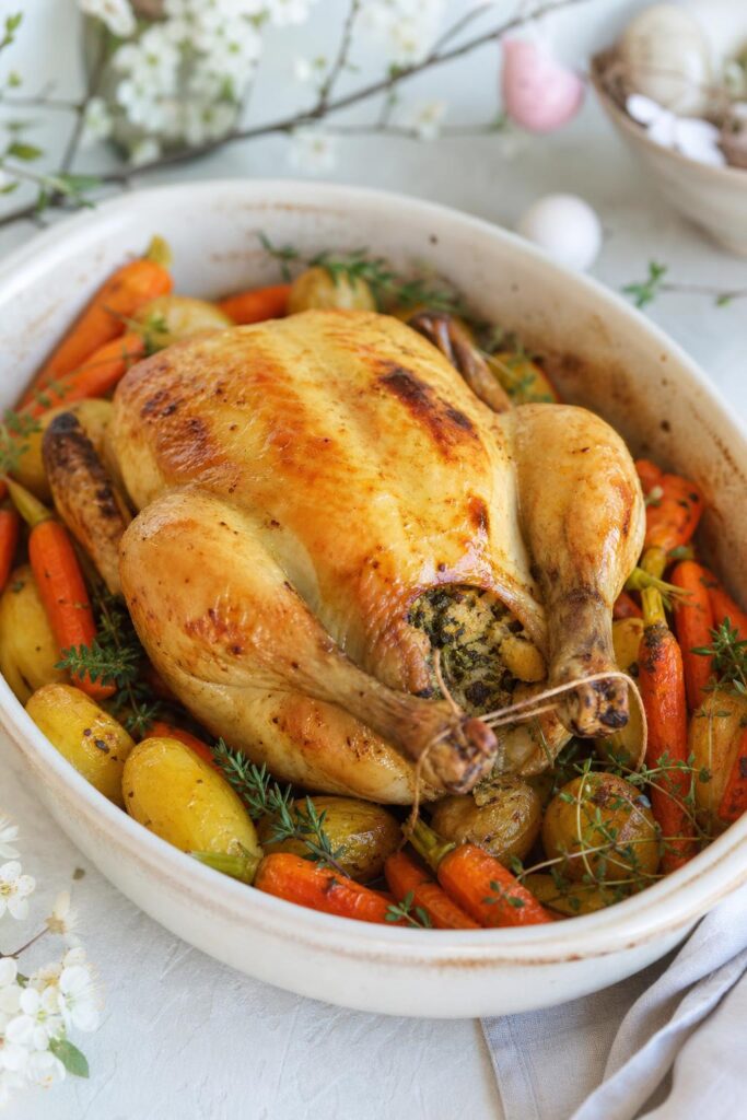 Spring chicken with stuffing and young carrots from one roasting pan