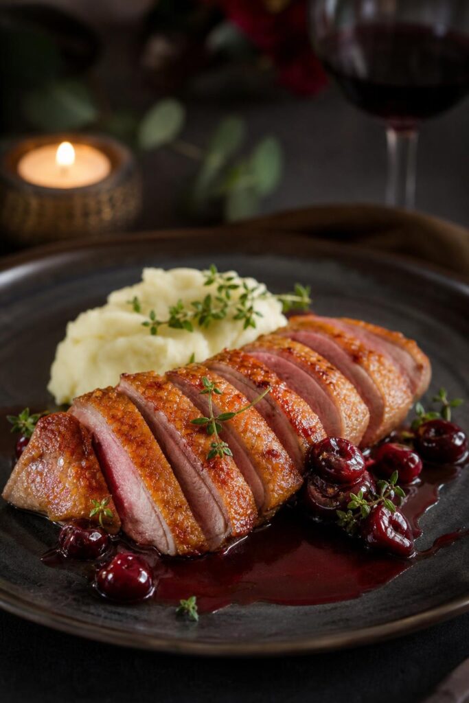 Duck breasts with cherry sauce for two