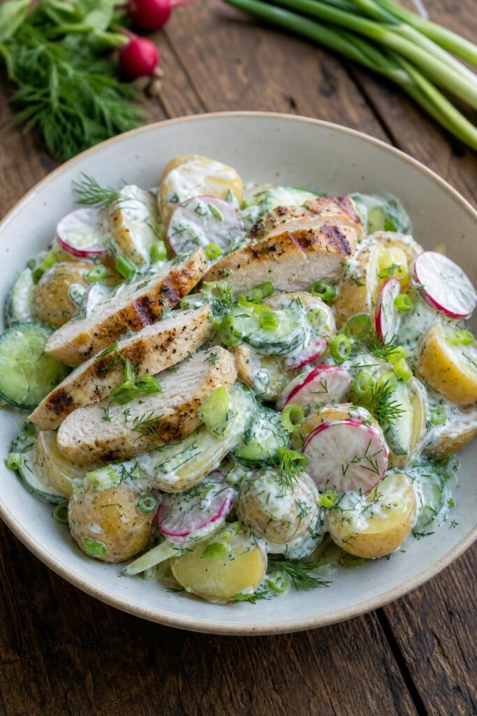 Summer potato salad with grilled chicken, radishes and dill yogurt