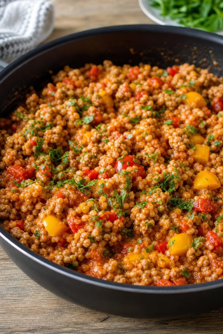 Ground turkey with bulgur and peppers in one pan for a family dinner