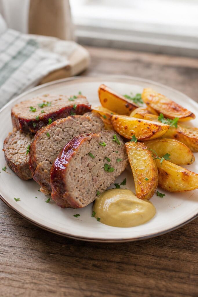 Meatloaf and potato wedges in an air fryer with two baskets