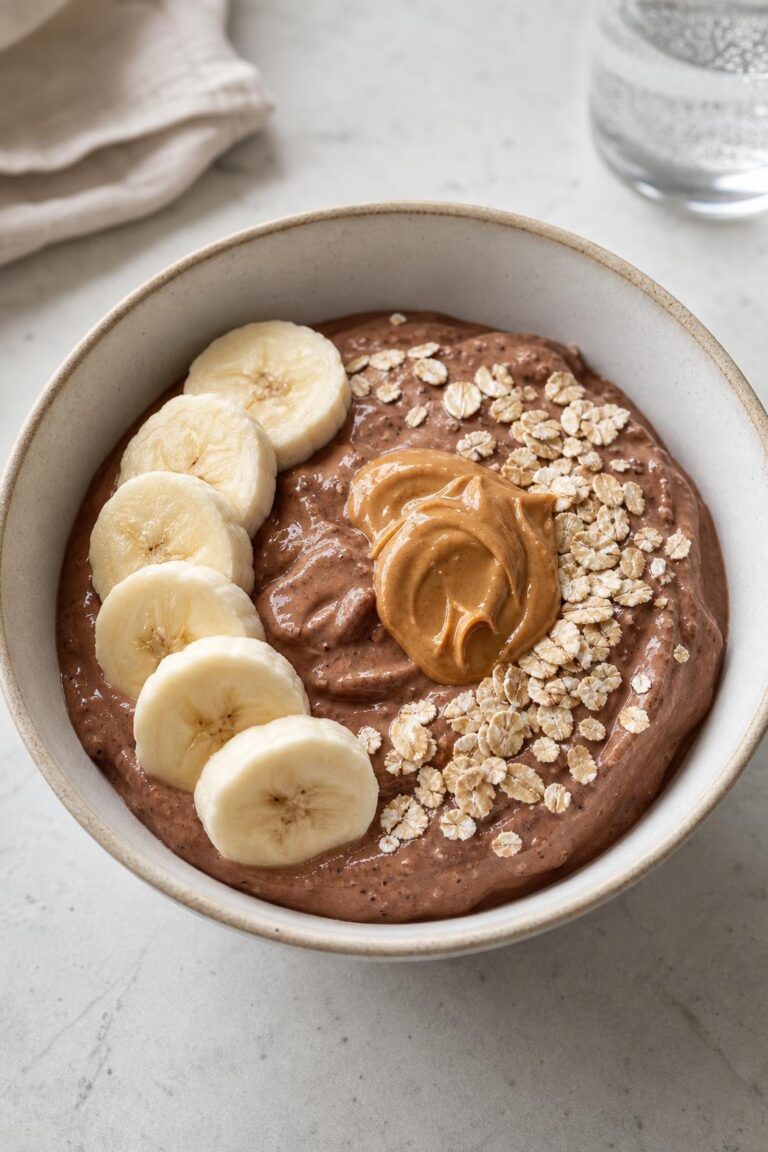 Skyr bowl with banana, cocoa and peanut butter after training in under 5 minutes