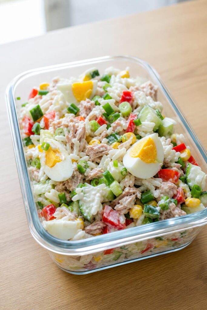 Cold rice salad with tuna, egg and yogurt dressing for work