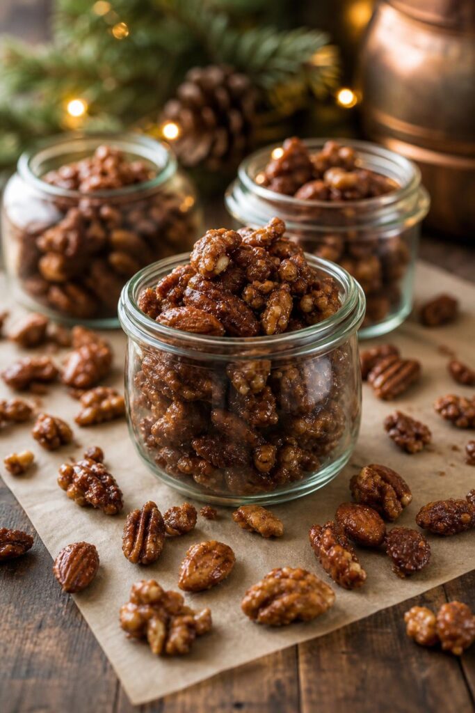 Christmas caramelized nuts with cinnamon in a gift jar