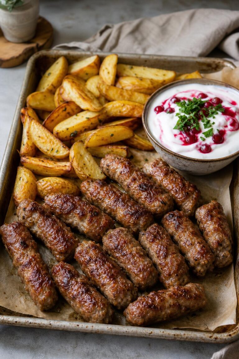 Turkey ćevabčiči with roasted potatoes and yogurt dip from one sheet pan